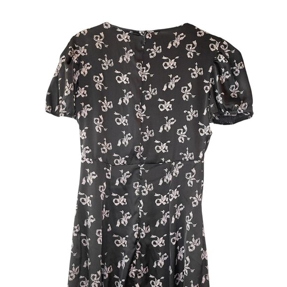 Betsey Johnson Classic Bow‎ Print A-Line Satin Midi Dress V-Neck Coquette Tea 0 - Picture 5 of 8